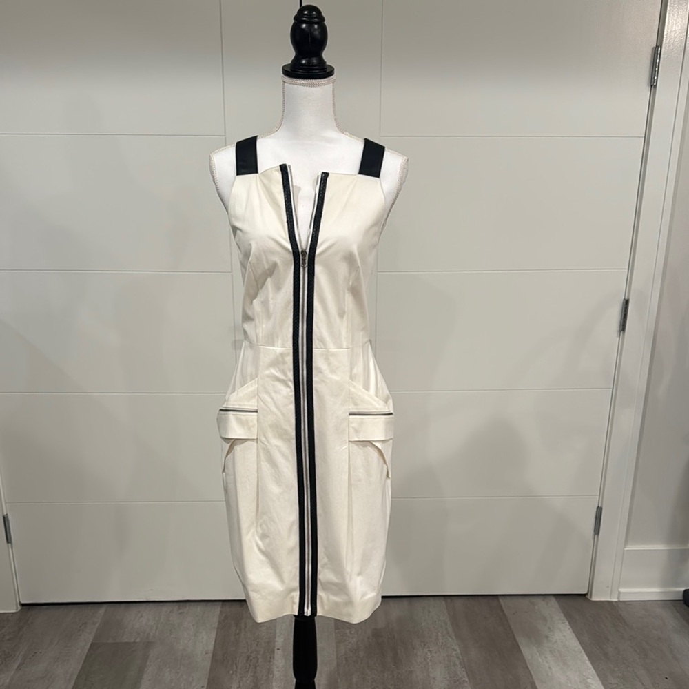 Chic White Zipper Front Dress with Black Vegan Leather Accents